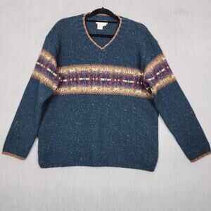 Vintage Eddie Bauer Sweater Womens Medium Blue Wool Blend V Neck Fair Isle 90s